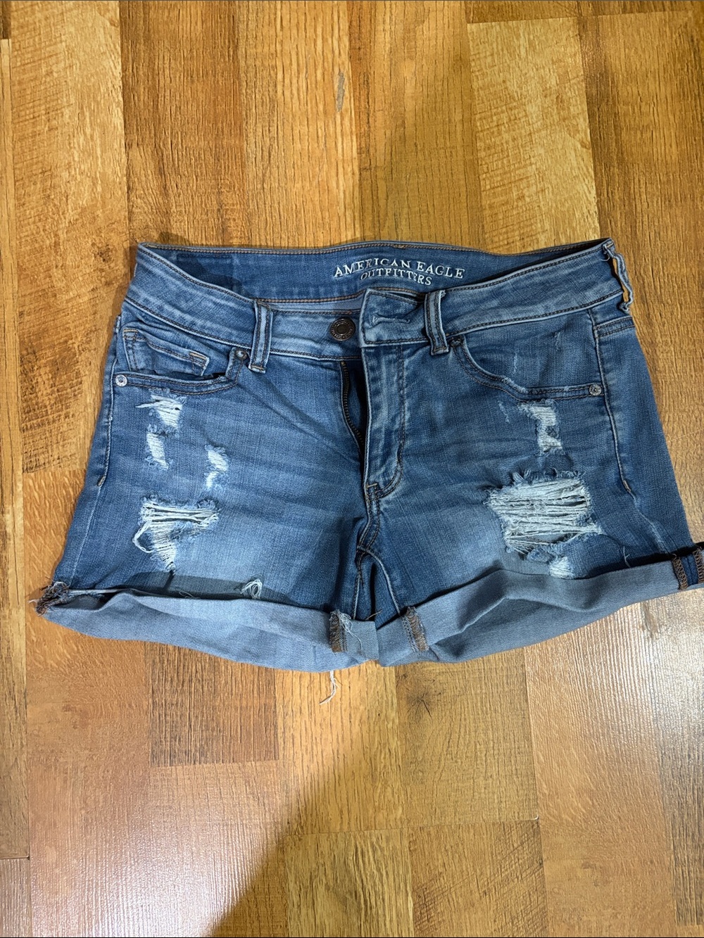 American Eagle Outfitters Medium Blue Distressed Roll-Hem Denim Shorts